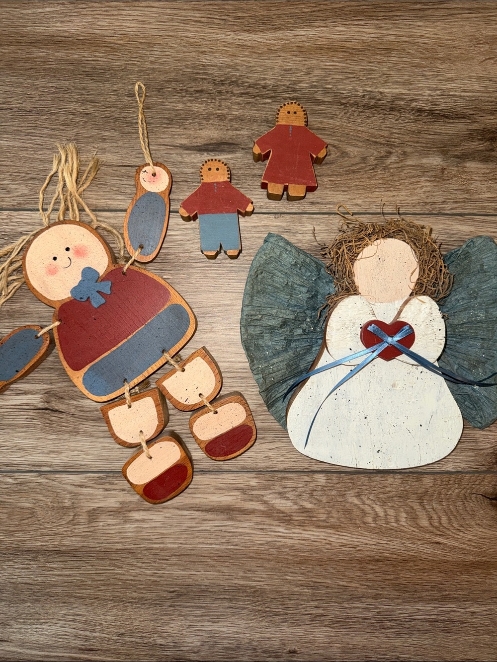 Handmade Wooden Folk Art Angel & Doll Wall Hangings - Red, Blue, White
